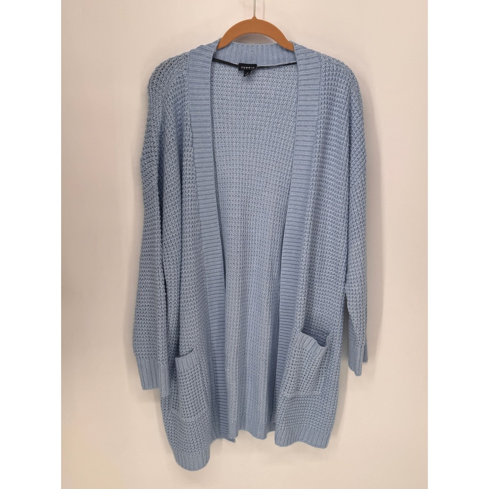 Torrid Cardigan Womens 2 Light Blue Open Front Waffle Knit Pockets EUC Cozy Soft